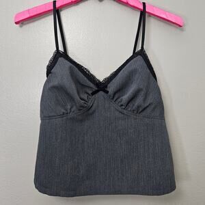 Y2K Charcoal Grey Twill‎ Lace Trim Cami Top Coquette GrungeFairy IndieSleaze